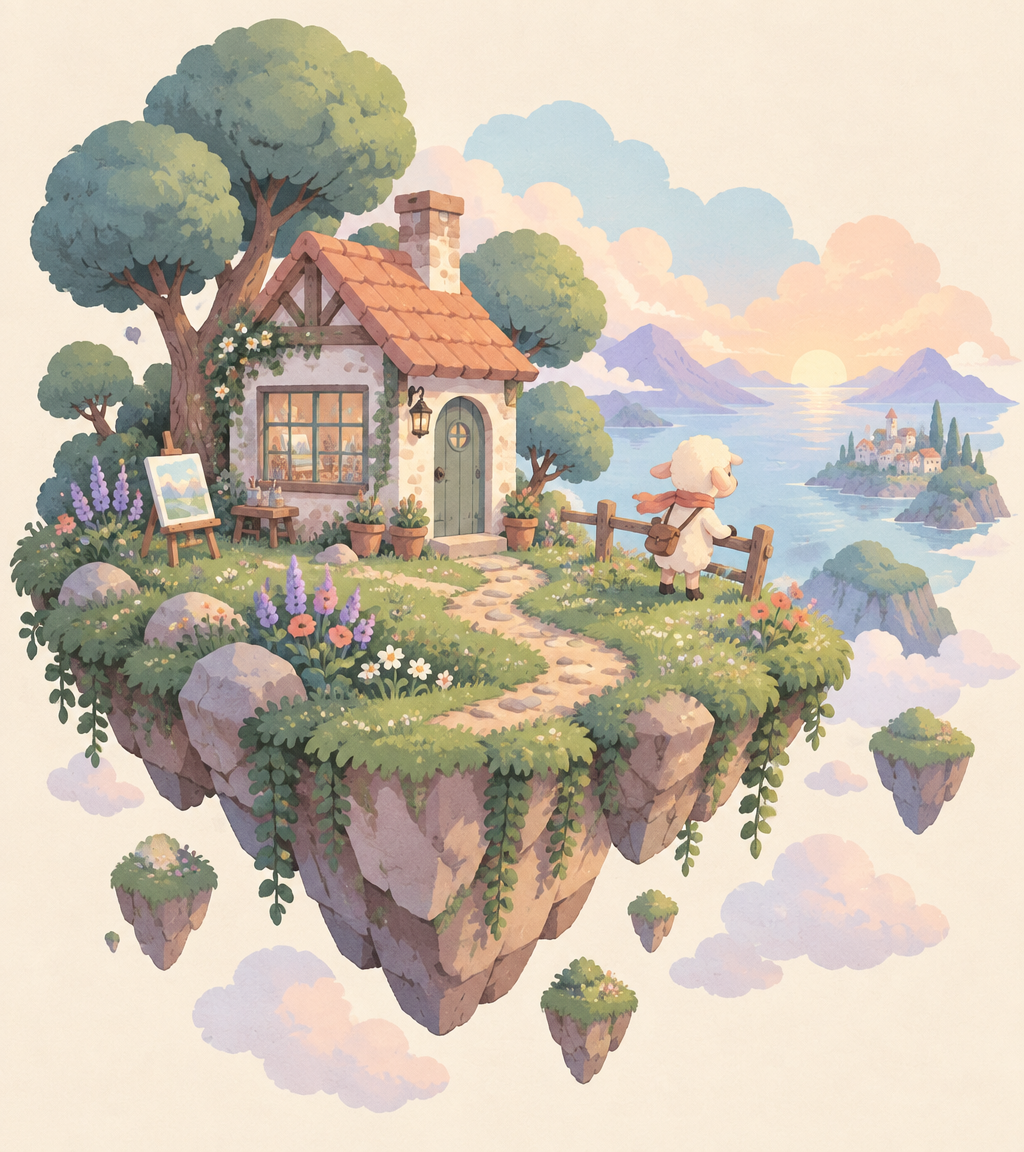 A whimsical floating island with an artist's cottage and a little lamb overlooking a distant world